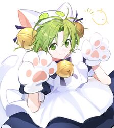  animal_hands animal_hat apron bell blue_ribbon cat_hat cat_tail closed_mouth commentary_request dejiko di_gi_charat female gema gloves green_eyes green_hair hands_up hat highres jingle_bell korean_commentary looking_at_viewer maid_apron paw_gloves puffy_short_sleeves puffy_sleeves raised_eyebrows ribbon short_hair short_sleeves smile solo tail tg_(tg_c_apple) white_background 