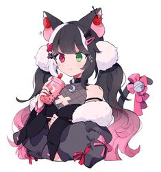  animal_ears black_hair colored_tips commission female green_eyes hair_ornament hairclip indie_virtual_youtuber long_hair multicolored_hair pink_hair pom_pom_(clothes) pom_pom_hair_ornament qiu_yue_(vtuber) skeb_commission solo tabemon_oishi tail tail_ornament twintails virtual_youtuber white_background white_hair 