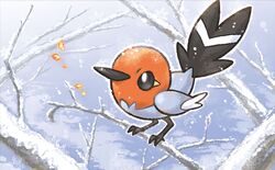  animal_focus bare_tree bird black_eyes commentary_request fletchling full_body no_humans official_art outdoors pokemon pokemon_(creature) pokemon_tcg snow solo standing third-party_source tree tsuruta_saya 