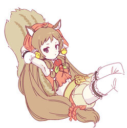  animal_ears armpits arms_behind_head bell belt brown_hair detached_sleeves female frills from_side hair_ornament hair_scrunchie kouka_(mrakano5456) long_hair looking_at_viewer looking_to_the_side low-tied_long_hair princess_connect! purple_eyes reclining red_hair rin_(princess_connect!) scrunchie shorts simple_background solo squirrel_ears squirrel_girl squirrel_tail tail thighhighs twintails very_long_hair white_background 