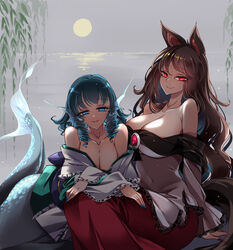  2girls absurdres animal_ears blue_eyes blue_hair blue_nails breasts brooch brown_hair cleavage dress drill_hair drill_sidelocks eyelashes fins green_kimono head_fins highres imaizumi_kagerou japanese_clothes jewelry kimono lake large_breasts leaf long_hair long_sleeves mermaid monster_girl moon multiple_girls night off-shoulder_dress off_shoulder raptor7 red_eyes red_nails sidelocks smile touhou wakasagihime white_dress willow wolf_ears 