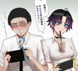  2boys black_eyes black_hair blue_eyes bubble_tea choker covered_nipples drinking_straw eyeliner makeup male_focus milk multicolored_hair multiple_boys necktie nintendo_switch original otoko_no_ko purple_hair school_uniform shijiu_(adamhutt) short_hair sweat translation_request two-tone_hair 