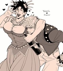  2boys battle_tendency bottle breast_padding caesar_anthonio_zeppeli crossdressing earrings eyelashes facial_mark feather_hair_ornament feathers fingerless_gloves gloves hair_ornament haruko_(chikadoh) headband holding holding_bottle jewelry jojo_no_kimyou_na_bouken joseph_joestar joseph_joestar_(tequila) joseph_joestar_(young) lipstick makeup male_focus monochrome multiple_boys one_eye_closed shaded_face tequila triangle_print waving 