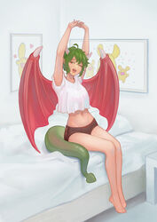  ;p absurdres carbuncle_(puyopuyo) crop_top draco_centauros dragon_girl drelouder female green_hair green_tail highres horns navel one_eye_closed open_mouth pajamas puyopuyo short_hair shorts sitting smile solo stretching tail tongue tongue_out underwear wings yellow_eyes 