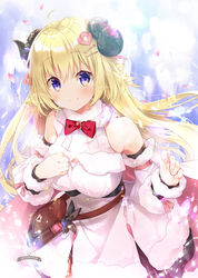  ahoge animal_ears blonde_hair braid breasts detached_sleeves dress female hair_ornament hairclip half_updo hololive horns large_breasts long_hair mocha_(naturefour) petals purple_eyes sheep_ears sheep_girl sheep_horns smile solo tsunomaki_watame tsunomaki_watame_(1st_costume) virtual_youtuber white_dress 