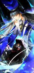  1boy absurdres armor black_cape black_gloves black_hair black_pants blood blood_on_face blue_cape blue_hair blue_headwear boots braided_hair_rings cape closed_eyes closed_mouth commentary constantine_xi_(fate) cross cross_necklace dress fate/grand_order fate_(series) female full_body gloves grey_hair hair_over_one_eye hands_up hat highres holding holding_cross injury jewelry kyamcya long_hair long_sleeves mitre multicolored_hair necklace pants parted_bangs pool_of_blood pope_joan_(fate) red_armor red_tunic rubble short_hair sitting sleeves_past_wrists smile spoilers stole streaked_hair upper_body white_dress wide_sleeves 