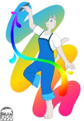  anthro blue_clothing blue_eyes clothing domestic_cat felid feline felis female fur green_eyes grey_body grey_fur hi_res holding_object holding_pen holding_writing_utensil jususama_(artist) mammal monotone_body monotone_fur multicolored_eyes overalls pen rainbow rainbow_colors signature simple_background solo two_tone_eyes writing_utensil 