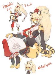  absurdres animal_ear_fluff animal_ears animal_feet blonde_hair body_fur braid braided_ponytail breasts center_opening claws commission detached_sleeves fangs female fighting_stance full_body furry furry_female hand_on_own_knee high_ponytail highres inu_fuji large_breasts leotard long_hair looking_at_viewer mandarin_collar multiple_views open_mouth orange_eyes original sidelocks simple_background sitting skeb_commission skin_tight slit_pupils standing tail thighhighs tiger_ears tiger_girl tiger_tail toeless_legwear very_long_hair white_background yellow_fur 