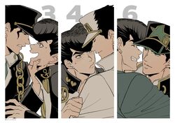  2boys anchor_symbol black_hair blush chains diamond_wa_kudakenai gakuran grabbing_another&#039;s_chin green_eyes hand_on_another&#039;s_chin haruko_(chikadoh) hat higashikata_josuke hug jojo_no_kimyou_na_bouken kujo_jotaro male_focus multiple_boys multiple_persona peace_symbol school_uniform star_(symbol) stardust_crusaders stone_ocean sweatdrop 