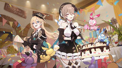  2girls :d alcohol bad_id bad_pixiv_id bare_shoulders bianka_durandal_ataegina bianka_durandal_ataegina_(valkyrie_gloria) black_dress black_gloves blonde_hair blue_eyes box breasts brown_hair cake cup dress drinking_glass earrings food gift gift_box gloves hair_between_eyes hair_ornament hair_over_one_eye hat highres hola_(honkai_impact) holding holi_(honkai_impact) homei_(honkai_impact) homi_(honkai_impact) homu_(honkai_impact) honkai_(series) honkai_impact_3rd indoors jewelry long_hair long_sleeves looking_at_food looking_at_viewer maid military military_hat military_uniform mole mole_under_eye multiple_girls open_mouth own_hands_together plant purple_eyes rita_rossweisse short_hair sleeves_rolled_up smile table tsukiusagi_inaba uniform window wine wine_glass 