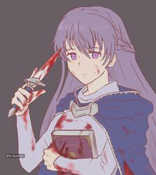  blood blood_on_face blood_on_knife blood_on_weapon blue_dress book cape cloak closed_mouth commission commissioner_upload dress expressionless female fire_emblem fire_emblem:_the_binding_blade holding holding_book holding_knife holding_weapon knife long_hair long_sleeves nyawn5 purple_eyes purple_hair simple_background sophia_(fire_emblem) very_long_hair weapon 