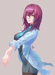  absurdres black_pantyhose blue_necktie breasts crossed_arms female grey_background grey_jacket grey_skirt hair_between_eyes highres jacket kouzuki_yuuko lab_coat medium_breasts medium_hair military military_uniform muv-luv muv-luv_alternative necktie pantyhose philiera purple_hair red_eyes skirt smile solo uniform 