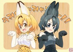  2girls :d alternate_color animal_ear_fluff animal_ears bare_shoulders black_hair blonde_hair blue_eyes bow bowtie commentary_request cosplay elbow_gloves extra_ears gloves grey_shirt hair_between_eyes hands_up high-waist_skirt kaban_(kemono_friends) kemono_friends kemonomimi_mode looking_at_viewer multiple_girls ogasawara_atsushi open_mouth orange_bow orange_bowtie paw_pose print_bow print_gloves print_skirt serval_(kemono_friends) serval_(kemono_friends)_(cosplay) serval_print shirt skirt sleeveless sleeveless_shirt smile traditional_bowtie two-tone_bowtie upper_body white_bow white_bowtie white_shirt yellow_eyes 