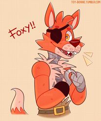  2020 animatronic anthro belt canid canine cheek_tuft clothed clothing eye_patch eyebrows eyewear facial_tuft fingers five_nights_at_freddy&#039;s fox foxy_(fnaf) happy head_tuft hook machine male mammal open_mouth open_smile robot scottgames sharp_teeth smile solo teeth text tongue toy-bonnie tuft 