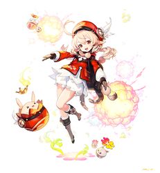  :d ahoge backpack bag bag_charm bloomers bomb boots brown_footwear brown_gloves brown_scarf charm_(object) clover_print coat commentary_request dodoco_(genshin_impact) explosion explosive female full_body genshin_impact gloves hair_between_eyes hat_feather hat_ornament highres jumpy_dumpty klee_(genshin_impact) knee_boots kneehighs light_brown_hair long_hair long_sleeves looking_at_viewer low_twintails orange_eyes punc_p randoseru red_coat red_headwear scarf sidelocks simple_background smile socks solo twintails underwear white_background 