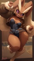  absurdres animal_ears animal_nose artist_name azuretto belt black_leotard black_sclera body_fur breasts brown_fur brown_jacket cleavage colored_sclera commentary cosplay english_commentary female fur-trimmed_jacket fur_trim furry furry_female highleg highleg_leotard highres jacket large_breasts leotard looking_at_viewer lopunny pokemon rabbit_ears rabbit_girl red_eyes rogue_(x-men) rogue_(x-men)_(cosplay) smile strapless strapless_leotard thick_thighs thighs two-tone_fur wide_hips yellow_fur 