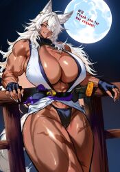  animal_ears black_gloves breasts cleavage commentary_request commission cropped_legs dark-skinned_female dark_skin female fingerless_gloves fudanshi full_moon gloves grin guard_rail hair_over_one_eye highres huge_breasts japanese_clothes lihayato long_hair moon muscular muscular_arms muscular_female original revealing_clothes scar scar_on_breasts scar_on_leg shiny_skin smile solo standing tail thick_thighs thighs white_hair wolf_girl wolf_tail 
