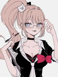  bear_hair_ornament black_choker black_shirt blonde_hair blue_eyes bow breasts choker cleavage collarbone danganronpa:_trigger_happy_havoc danganronpa_(series) enoshima_junko female glasses hair_ornament hands_up highres holding holding_pen large_breasts long_hair long_sleeves nail_polish open_mouth paper pen ponytail raamensusure red_bow red_nails rimless_eyewear shirt smile solo 