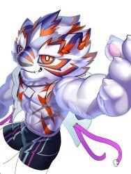  abs anthro athletic athletic_anthro athletic_male bottomwear clothing felid fur kalaski lifewonders live_a_hero male mammal pantherine pawpads pecs red_eyes samoi_chan shorts solo striped_body striped_fur stripes swimwear tiger white_body white_fur 