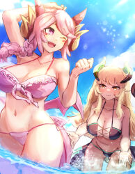  2girls bikini black_bikini blonde_hair braid chamber_dragonmaid day dragon_girl duel_monster hatano_kiyoshi highres low_wings multiple_girls navel nurse_dragonmaid ocean outdoors pink_bikini pink_eyes pink_hair side_braid smile swimsuit wings yellow_eyes yu-gi-oh! 