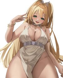  alternate_costume blonde_hair bracelet cameltoe chest_harness choker dress female goddess_of_victory:_nikke green_eyes harness highres jewelry long_hair o-ring pelvic_curtain pepeo rupee_(nikke) simple_background solo white_background white_choker white_dress 