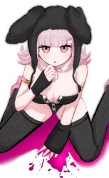  :o absurdres animal_ears animal_hood arm_warmers armlet bare_shoulders black_leotard black_thighhighs blood blunt_bangs blush breasts brown_hair cleavage danganronpa_(series) danganronpa_2:_goodbye_despair detached_collar fake_animal_ears female fishnet_thighhighs fishnets from_above highres hood jewelry large_breasts leotard medium_hair nanami_chiaki neck_ribbon nia_(nya_nanjr) pink_blood pink_eyes pink_footwear pink_ribbon rabbit_hood ribbon shoes simple_background solo spaceship_hair_ornament thighhighs white_background 