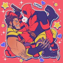  2boys absurdres arm_hair artist_name beard belt bleeding blood blush bodysuit boots brown_hair bulge claws clenched_teeth deadpool deadpool_&amp;_wolverine deadpool_(series) erection erection_under_clothes facial_hair gloves gun hashtag-only_commentary heart highres holding holding_gun holding_knife holding_weapon impaled knife lipeka male_focus marvel mature_male multiple_boys muscular muscular_male red_bodysuit red_mask short_hair sitting sitting_on_person sleeveless sparkle spoken_heart stab star_(symbol) superhero_costume sweatdrop teeth two-tone_bodysuit weapon wolverine_(x-men) x-men yaoi yellow_bodysuit 