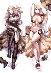  absurdres arm_up armpits bead_bracelet beads bikini black_footwear blonde_hair blue_eyes boots bracelet breasts brown_bikini brown_pantyhose dakimakura_(medium) female fire_emblem fire_emblem:_three_houses fire_emblem_heroes fire_emblem_warriors:_three_hopes grin groin hakuramen highres jewelry large_breasts long_hair looking_at_viewer mercedes_von_martritz multiple_views navel official_alternate_costume official_alternate_hairstyle pantyhose smile stomach swimsuit thighs untied_bikini 