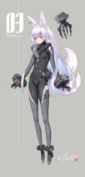  ahoge animal_ear_fluff animal_ears ankle_cuffs black_bodysuit bodysuit breasts commission covered_navel cuffs drone empty_eyes female full_body grey_background grey_bodysuit highres long_hair multiple_tails original plantar_flexion red_eyes science_fiction signature skeb_commission small_breasts solo tail two-tone_bodysuit very_long_hair white_hair zenmaibook 