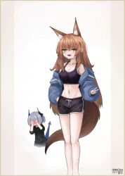  2girls alternate_costume animal_ear_fluff animal_ears arknights bare_shoulders black_shirt black_shorts black_sports_bra blue_jacket blush breasts brown_hair brown_tail cleavage collarbone commentary covering_face crossed_bangs dated dolphin_shorts dragon_girl dragon_horns dragon_tail english_commentary fox_ears fox_girl fox_tail franka_(arknights) full-face_blush grey_hair grey_skirt groin hair_between_eyes hand_on_own_hip highres horns jacket liskarm_(arknights) long_hair long_sleeves mater999 midriff multiple_girls navel off_shoulder open_mouth pleated_skirt shirt short_hair shorts skirt sleeveless sleeves_past_elbows smile sports_bra standing tail tail_raised v yellow_eyes 