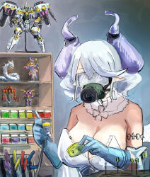  airbrush breasts cannon_soldier cleavage cyber_dragon dark_magician_girl demon_girl demon_horns divine_arsenal_aa-zeus_-_sky_thunder duel_monster female grey_hair hatano_kiyoshi highres horns huge_breasts lovely_labrynth_of_the_silver_castle mask painting_(action) pendulum_machine pointy_ears shelf solo twintails yu-gi-oh! 