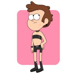  1boy 1male accurate_art_style acne black_topwear boy bracelet brown_hair chest_hair clothed clothing color colored digital_drawing_(artwork) digital_media_(artwork) dipper_pines earrings gravity_falls hand_on_hip human leather_boots leather_choker leather_clothing leather_pants leather_topwear male_only no_visible_genitalia noodle_arms noodle_legs not_ai_generated pubic_hair_peek safe short_hair short_male shorts solo spiked_bracelet spiked_choker standing strapless_top teen_boy teenager triangle_earrings young 