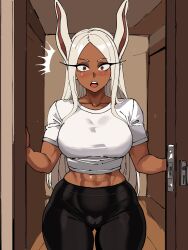  :o abs animal_ears ass_visible_through_thighs black_pants blush boku_no_hero_academia breasts captain_tai collarbone dark-skinned_female dark_skin doorway english_commentary female hallway hand_on_wall highres large_breasts long_eyelashes long_hair looking_at_viewer midriff_peek mirko navel open_door pants parted_bangs pov_doorway rabbit_ears rabbit_girl red_eyes shirt solo surprised teeth thick_thighs thigh_gap thighs toned_female upper_teeth_only very_long_hair white_hair white_shirt yoga_pants 