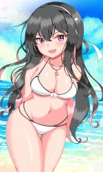  absurdres arms_behind_back beach bikini black_hair breasts commentary_request female front-tie_bikini_top front-tie_top hair_down hairband highres horizon itsuya_(hmizugucti) jewelry kantai_collection large_breasts leaning_to_the_side long_hair multi-strapped_bikini_bottom multicolored_hair naganami_(kancolle) naganami_kai_ni_(kancolle) necklace ocean outstretched_arms pink_hair purple_eyes smile solo swimsuit thigh_gap two-tone_hair wavy_hair white_bikini white_hairband 