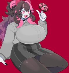  absurdres black_choker black_nails breasts choker colored_skin commission doughnut fangs female food grey_shirt grey_skin grey_skirt hair_between_eyes highres holding horns huge_breasts iccoco indie_virtual_youtuber jaggy_lines long_hair long_sleeves multicolored_hair open_mouth pantyhose pink_eyes pink_hair pink_horns purple_hair red_background shirt simple_background sitting skeb_commission skirt solo thick_thighs thighs tongue tsurime wing_collar 