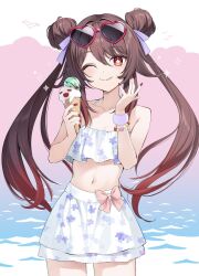  ;p alternate_costume bare_shoulders bikini bow brown_hair commentary_request cowboy_shot double_bun eyewear_on_head female fingernails flower-shaped_pupils genshin_impact gradient_hair hair_between_eyes hair_bun hands_up heart heart-shaped_pupils highres holding holding_ice_cream_cone hu_tao_(genshin_impact) ice_cream_cone long_hair looking_at_viewer multicolored_hair nail_polish navel one_eye_closed red-framed_eyewear red_bow red_eyes red_hair red_nails skirt solo stomach swimsuit symbol-shaped_pupils tinted_eyewear tokitamago_(tokita_mago1) tongue tongue_out twintails very_long_hair white_bikini white_skirt 