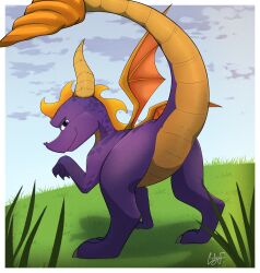  activision codyf0xx dragon feral hi_res looking_at_viewer looking_back mythological_creature mythological_scalie mythology purple_body purple_eyes raised_tail scalie spyro_reignited_trilogy spyro_the_dragon tail wings 