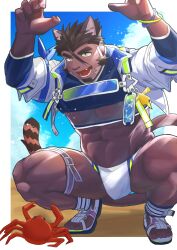  1boy abs absurdres alternate_costume animal_ears animal_nose bare_pectorals beach beard black_eyebrows black_hair blue_sky bracelet bulge cat_ears cat_tail cloud crab facial_hair fangs feline furry furry_male highres jacket jewelry kou_(kouga0225) large_pectorals lightstick live_a_hero male_focus male_swimwear muscular muscular_male navel official_alternate_costume open_mouth pectorals purple_fur sand sandals scarf short_hair sky strap swim_briefs tail thick_eyebrows thick_thighs thigh_strap thighs toenails toes tongue translucent_swimsuit tsuneaki_(live_a_hero) white_jacket white_male_swimwear yellow_eyes 