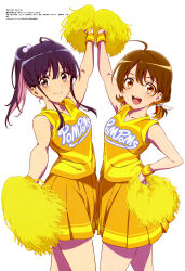  2girls absurdres arm_up black_hair brown_eyes brown_hair cheerleader colored_inner_hair highres holding holding_pom_poms kaionji_megumi magazine_scan megami_magazine misora_kanata multicolored_hair multiple_girls na_nare_hana_nare official_art orange_hair orange_shirt orange_skirt pink_hair pleated_skirt pom_pom_(cheerleading) pom_pom_(clothes) scan sekiguchi_kanami shirt simple_background skirt smile standing two-tone_hair two-tone_shirt two-tone_skirt white_background yellow_shirt yellow_skirt 