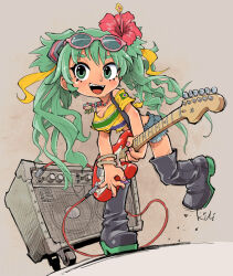  amplifier black_footwear boots brazilian_flag_print brazilian_miku breasts cleavage commentary_request crop_top cutoffs denim denim_shorts electric_guitar eyewear_on_head female flower full_body green_eyes green_hair grey_background guitar hair_flower hair_ornament hatsune_miku hibiscus highres holding holding_guitar holding_instrument instrument kiichi large_breasts leaning_forward long_hair looking_at_viewer off-shoulder_shirt off_shoulder open_mouth playing_guitar print_shirt red_flower shirt short_shorts shorts signature smile solo standing standing_on_one_leg sunglasses tan thigh_boots twintails vocaloid yellow_shirt 