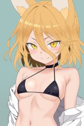  absurdres animal_ears bare_shoulders bikini black_bikini black_choker blonde_hair breasts choker closed_mouth collarbone female fox_ears green_background hair_between_eyes highres kudamaki_tsukasa looking_at_viewer medium_hair micro_bikini nara_(gsx250r_anzio) navel off_shoulder shirt simple_background small_breasts smile solo swimsuit touhou underboob upper_body white_shirt yellow_eyes 