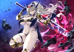  armor artoria_pendragon_(fate) artoria_pendragon_(lancer_alter)_(fate) bikini bikini_armor blonde_hair breasts cleavage commission dark_rhongomyniad emanon123 fate/grand_order fate_(series) female horns lance looking_at_viewer open_mouth polearm ponytail revealing_clothes skeb_commission swimsuit weapon yellow_eyes 