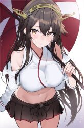  absurdres black_hair black_skirt breasts brown_eyes female hairband haruna_(kancolle) haruna_(race_queen)_(kancolle) headgear highres jacket kantai_collection large_breasts long_hair midriff official_alternate_costume open_clothes open_jacket pleated_skirt qqqmei race_queen shirt skirt sleeveless sleeveless_shirt solo umbrella white_jacket 