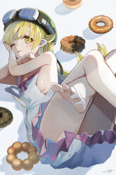  absurdres asa_going bare_legs bare_shoulders barefoot blonde_hair blush breasts crossed_legs doughnut dress female food goggles goggles_on_head highres legs_up long_hair looking_at_viewer monogatari_(series) old-fashioned_doughnut one_eye_closed oshino_shinobu pointy_ears sideboob small_breasts solo tongue tongue_out vampire white_dress yellow_eyes 