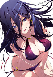  absurdres arm_under_breasts bikini breasts cleavage earrings female hand_on_own_thigh highres jewelry large_breasts leaning_forward lipstick long_hair looking_at_viewer magazine_scan makeup maougun_saikyou_no_majutsushi_wa_ningen_datta megami_magazine nail_polish o-ring o-ring_bottom official_art purple_bikini purple_eyes purple_hair scan simple_background smile swimsuit thighs water_drop wet white_background 