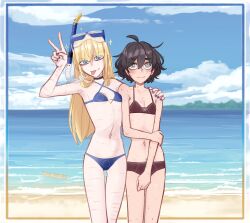  2girls :p absurdres beach bikini black_bikini black_choker black_hair blind_girl_(popopoka) blonde_girl_(popopoka) blue_bikini blue_eyes blue_nails breasts cat_baguette_(popopoka) choker collarbone commentary cowboy_shot diving_mask flat_chest freckles goggles grey_eyes hand_on_another&#039;s_shoulder highres multiple_girls nail_polish navel ocean original outdoors popopoka scar scar_on_arm scar_on_leg short_hair small_breasts swimsuit teeth tongue tongue_out v 