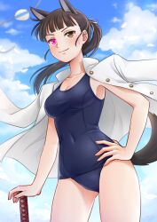  animal_ears black_hair blue_one-piece_swimsuit blush breasts brown_eyes cleavage closed_mouth cloud cloudy_sky collarbone covered_navel dog_ears dog_tail dress female hand_on_own_hip heterochromia highres koyomeru large_breasts long_hair looking_at_viewer military_uniform one-piece_swimsuit ponytail purple_eyes sailor_dress sakamoto_mio sky smile solo strike_witches swimsuit tail uniform world_witches_series 