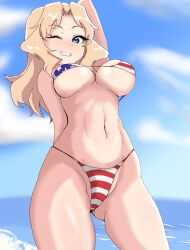  american_flag american_flag_bikini american_flag_print bikini blonde_hair blue_eyes blush breasts crotch female flag_print girls_und_panzer grin highres kay_(girls_und_panzer) large_breasts long_hair looking_at_viewer micro_bikini navel ocean one_eye_closed outdoors picccolo0401 print_bikini sky smile solo swimsuit underboob 