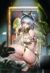  absurdres animal_ears ankh arknights blush breasts cat_ears cat_girl cat_tail egyptian_art egyptian_clothes feet female from_side full_body gold_necklace gradient_hair green_eyes green_hair hand_to_own_mouth hand_up high_heels highres indoors jewelry kal&#039;tsit_(arknights) knees_up legs licking licking_finger licking_own_finger medium_breasts medium_hair multicolored_hair necklace portrait_(object) sandals skindentation solo squatting tabayashi tail thighs toenails toes white_hair 