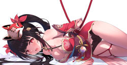  absurdres armpit_crease arms_behind_back bare_shoulders bell black_choker black_hair black_panties bound bound_wrists breasts choker cleavage criss-cross_halter detached_sleeves dress facial_mark female fox_mask hair_ornament halterneck heavy_breathing highres honkai:_star_rail honkai_(series) japanese_clothes jingle_bell long_hair looking_at_viewer lying mask mask_on_head medium_breasts no_nipples obi on_side open_mouth panties red_dress red_eyes red_rope rope sash short_dress short_sleeves sidelocks simple_background skindentation sleeveless sleeveless_dress smile solo spaghetti_strap sparkle_(honkai:_star_rail) tetori_(tetolisto) thigh_strap thighs twintails underwear very_long_hair wardrobe_malfunction white_background 